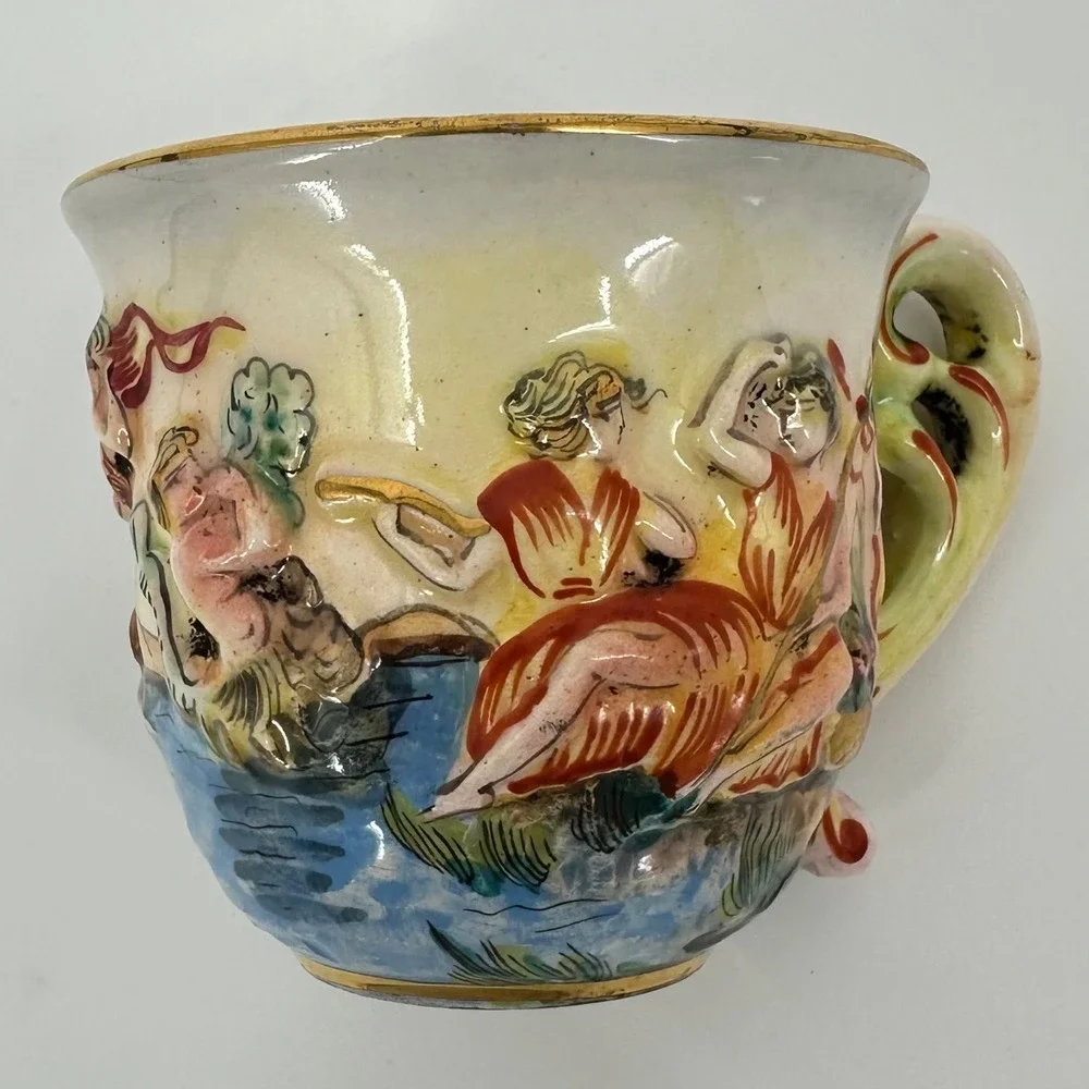 Vintage‎ CAPODIMONTE Italian Porcelain Demitasse Cup Saucer Cherub Gold Trim